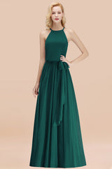Modest Long A-line Halter Chiffon Bow Peacock Bridesmaid Dresses