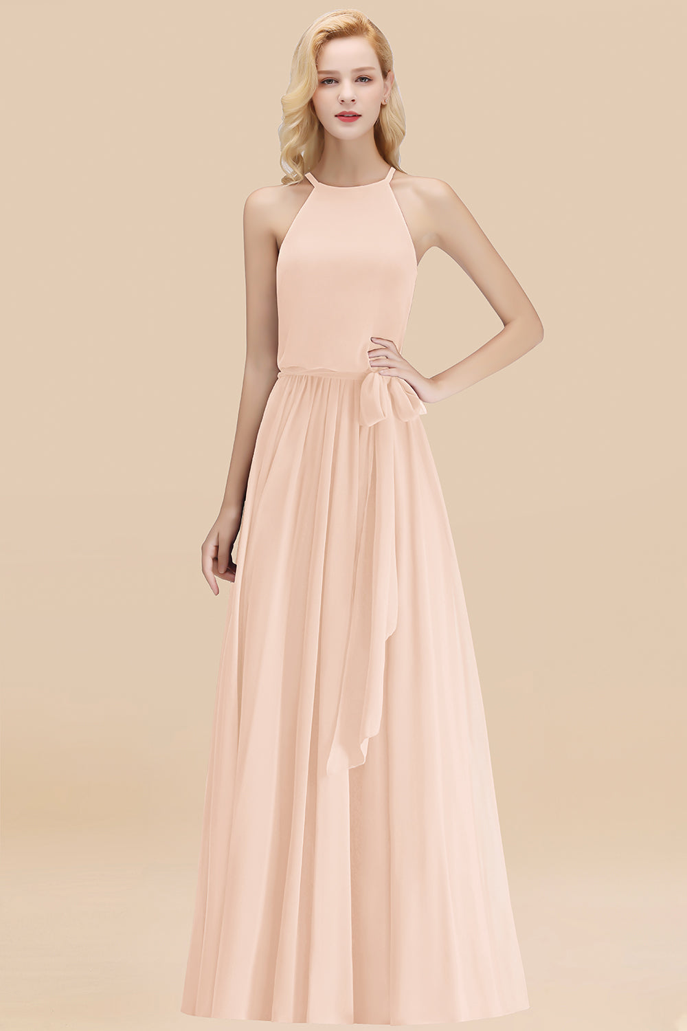 Modest Long A-line Halter Chiffon Bow Pearl Pink Bridesmaid Dresses