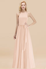 Modest Long A-line Halter Chiffon Bow Pearl Pink Bridesmaid Dresses
