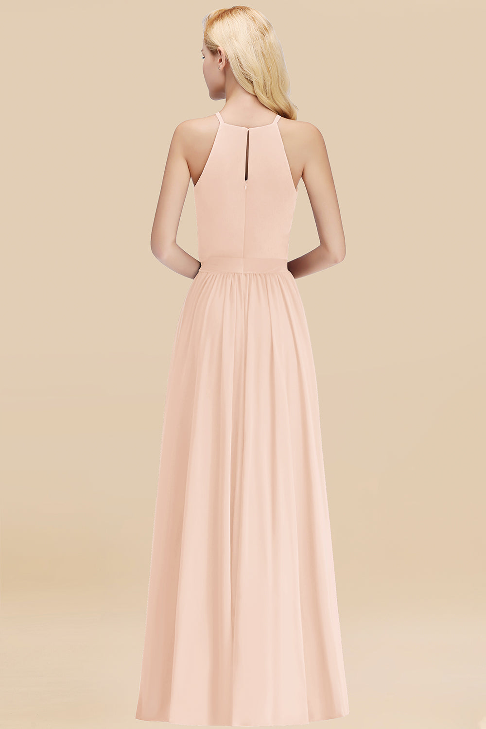 Modest Long A-line Halter Chiffon Bow Pearl Pink Bridesmaid Dresses