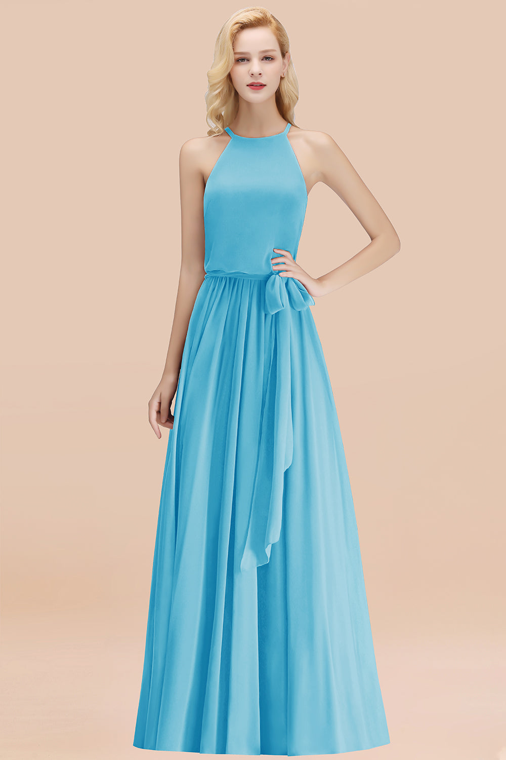 Modest Long A-line Halter Chiffon Bow Pool Bridesmaid Dresses