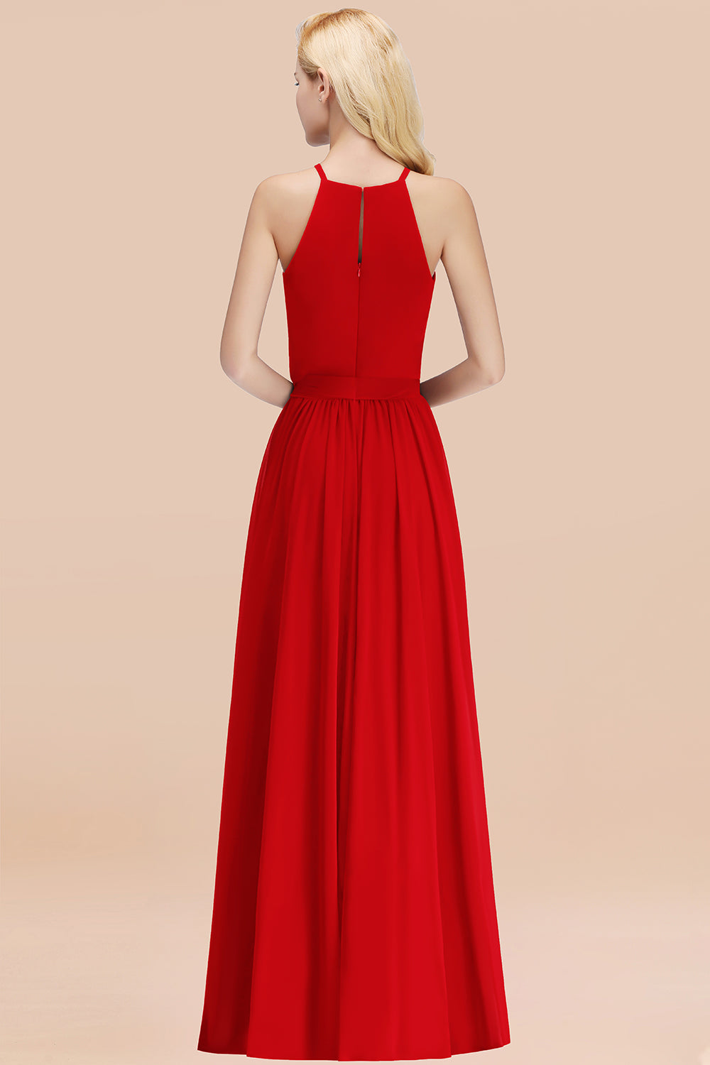 Modest Long A-line Halter Chiffon Bow Red Bridesmaid Dresses