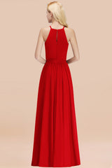 Modest Long A-line Halter Chiffon Bow Red Bridesmaid Dresses