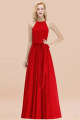 Modest Long A-line Halter Chiffon Bow Red Bridesmaid Dresses