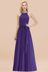 Modest Long A-line Halter Chiffon Bow Regency Bridesmaid Dresses