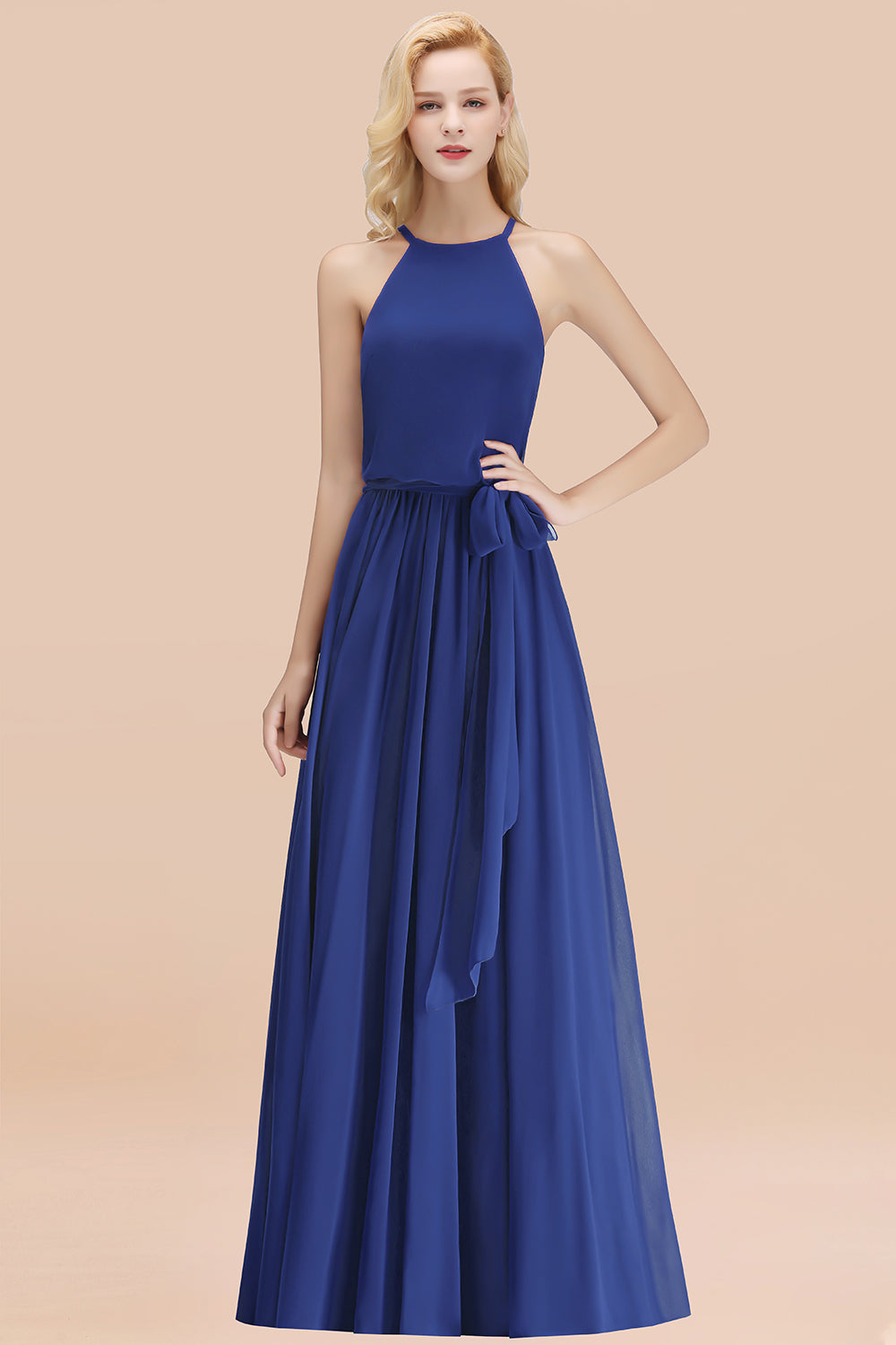 Modest Long A-line Halter Chiffon Bow Royal Blue Bridesmaid Dresses