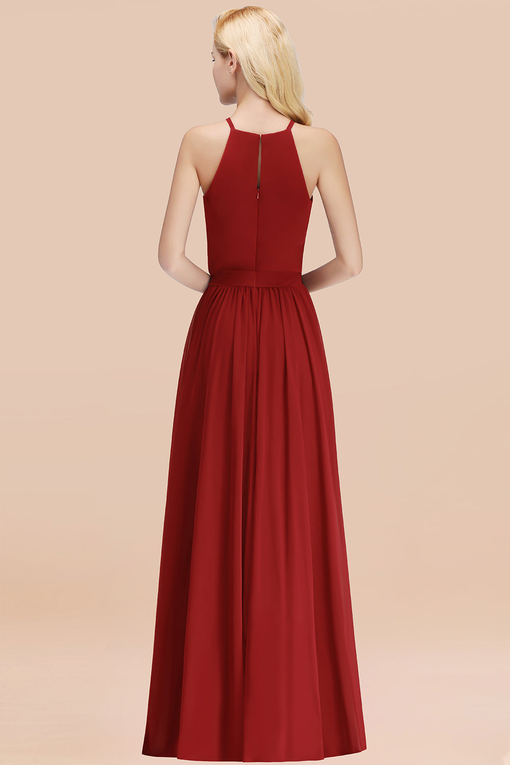 Modest Long A-line Halter Chiffon Bow Rust Bridesmaid Dresses
