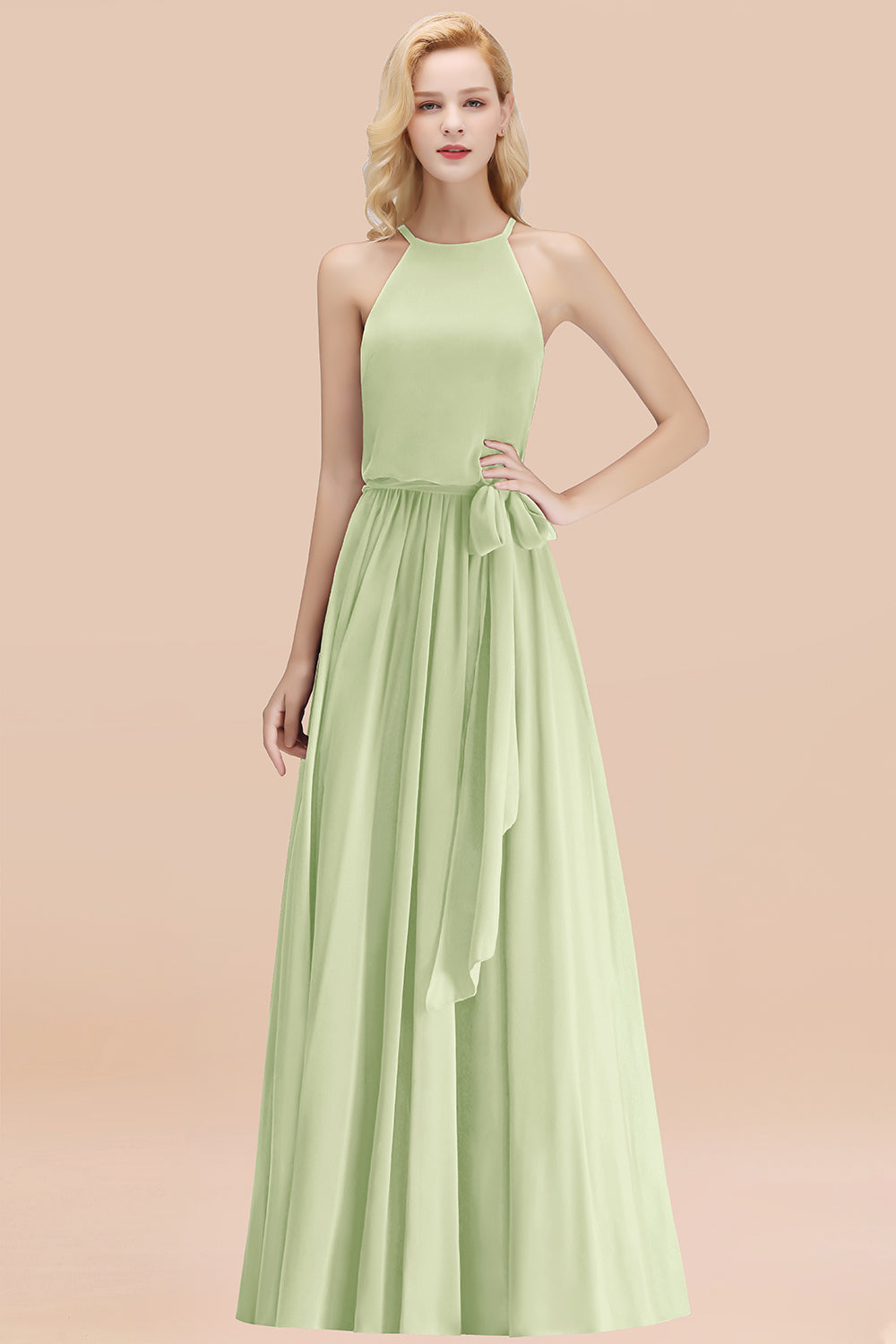 Modest Long A-line Halter Chiffon Bow Sage Bridesmaid Dresses
