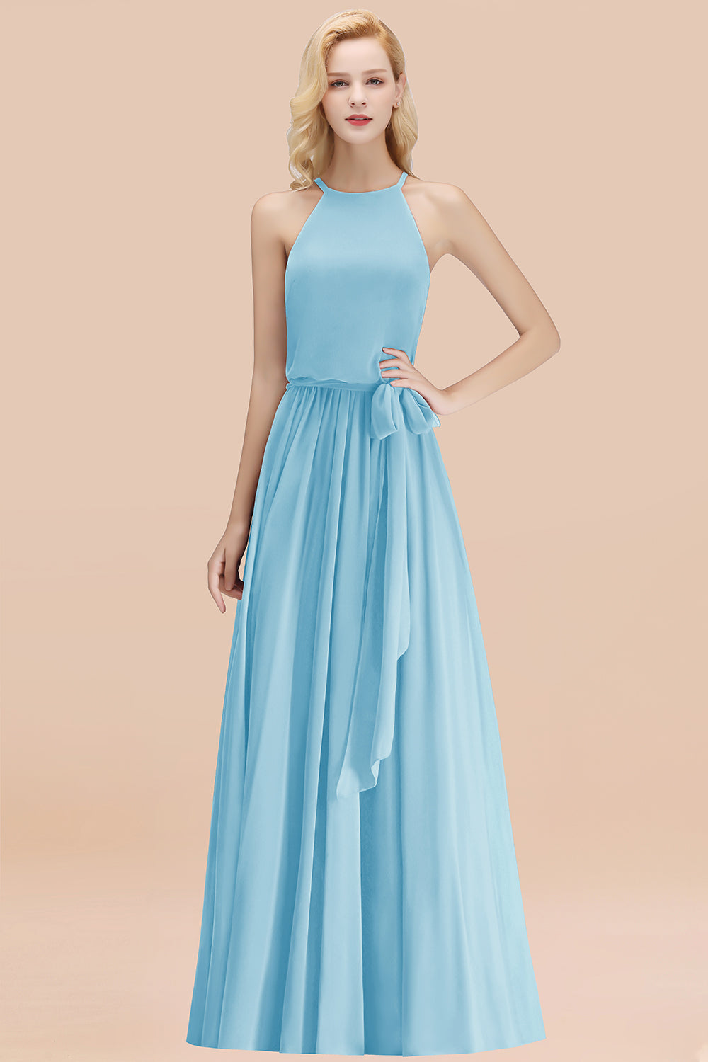 Modest Long A-line Halter Chiffon Bow Sky Blue Bridesmaid Dresses