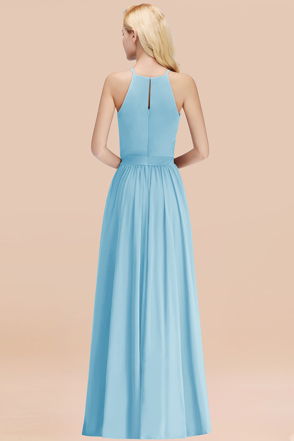 Modest Long A-line Halter Chiffon Bow Sky Blue Bridesmaid Dresses