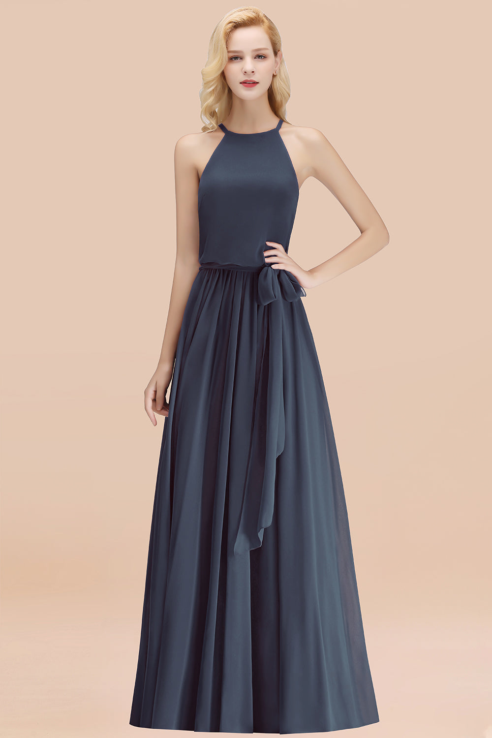 Modest Long A-line Halter Chiffon Bow Stormy Bridesmaid Dresses