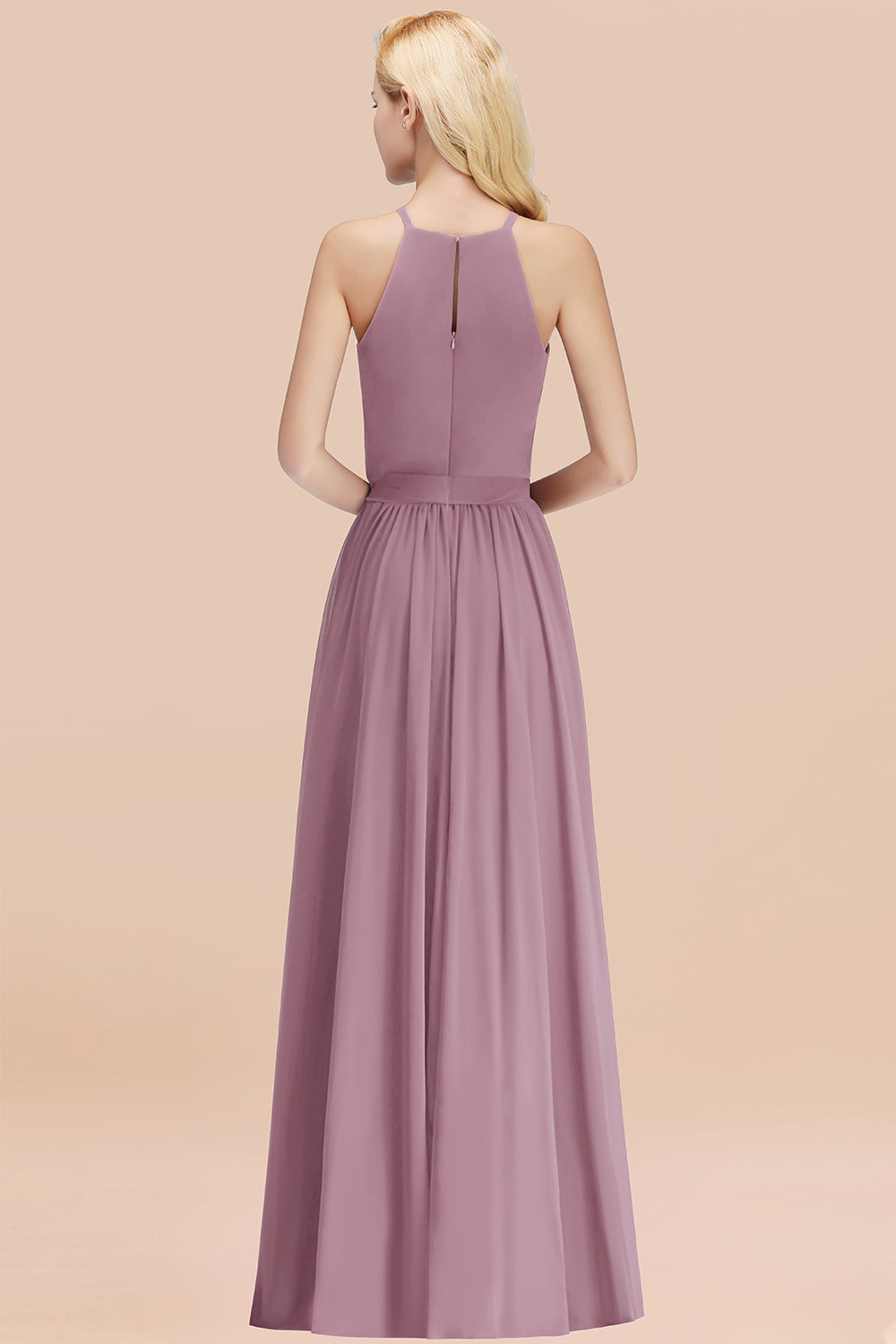 Modest Long A-line Halter Chiffon Bow Wisteria Bridesmaid Dresses