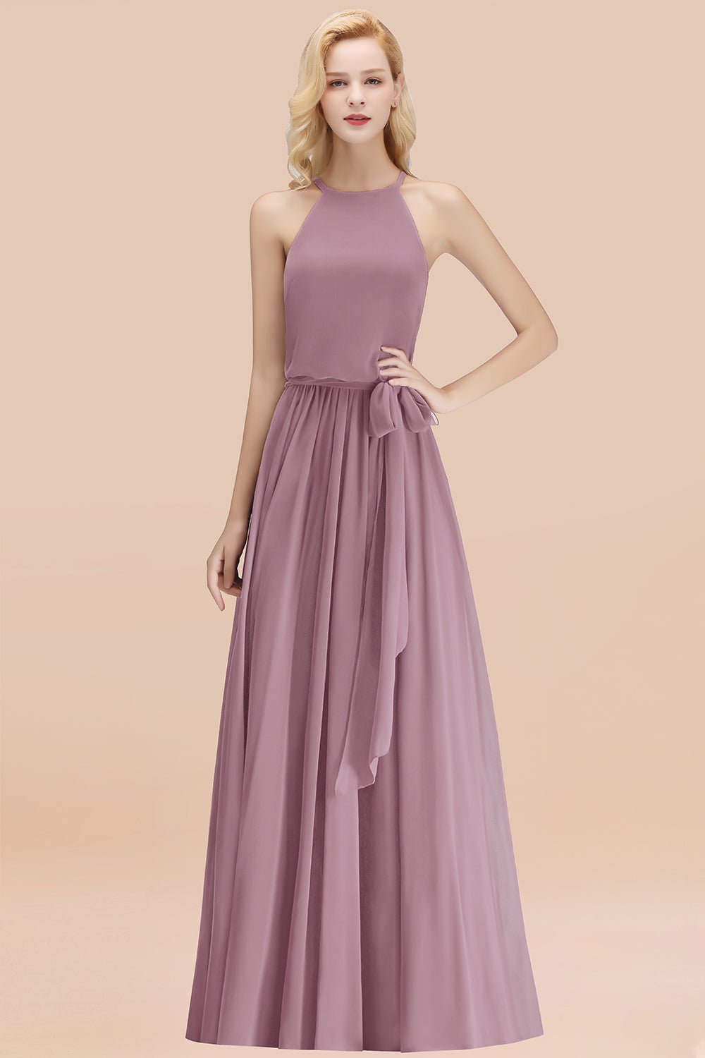 Modest Long A-line Halter Chiffon Bow Wisteria Bridesmaid Dresses