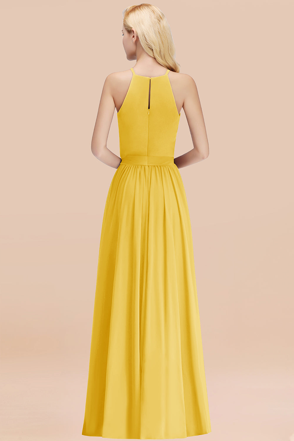 Modest Long A-line Halter Chiffon Bow Yellow Bridesmaid Dresses