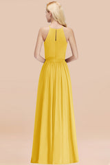 Modest Long A-line Halter Chiffon Bow Yellow Bridesmaid Dresses
