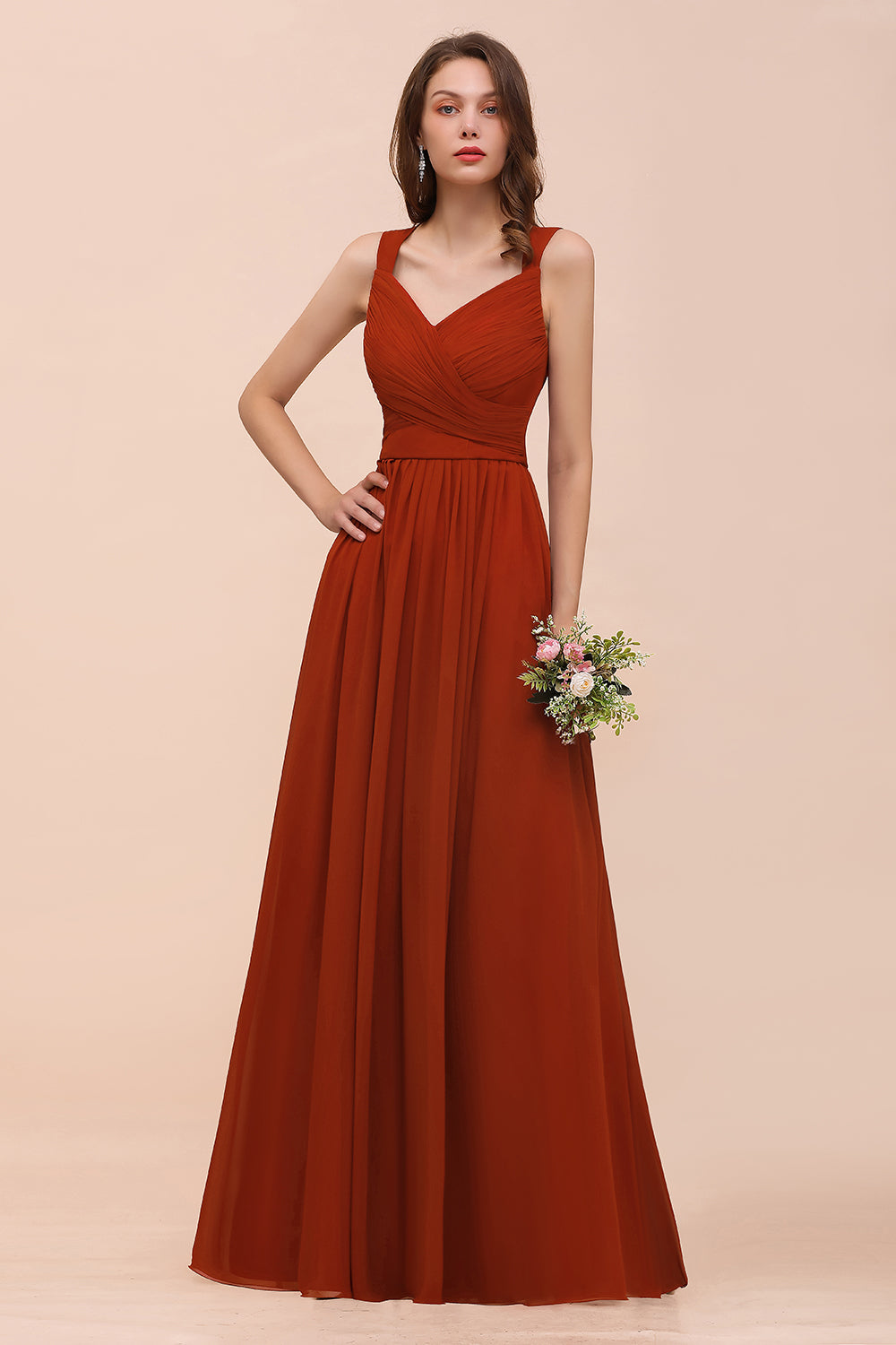 New Long A-line Sweetheart Straps Ruffle Rust Chiffon Bridesmaid Dress