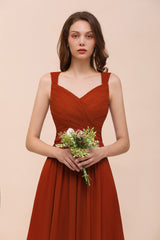 New Long A-line Sweetheart Straps Ruffle Rust Chiffon Bridesmaid Dress