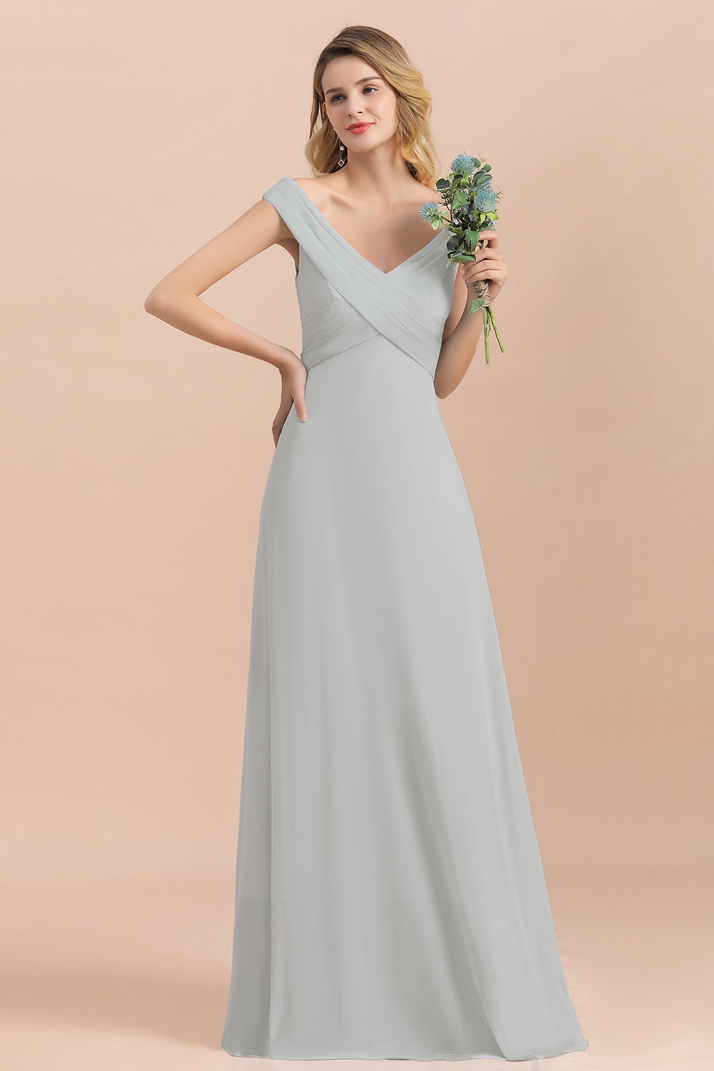Off the Shoulder V-neck A-Line Bridesmaid Dress Floor Length Chiffon Evening Dress