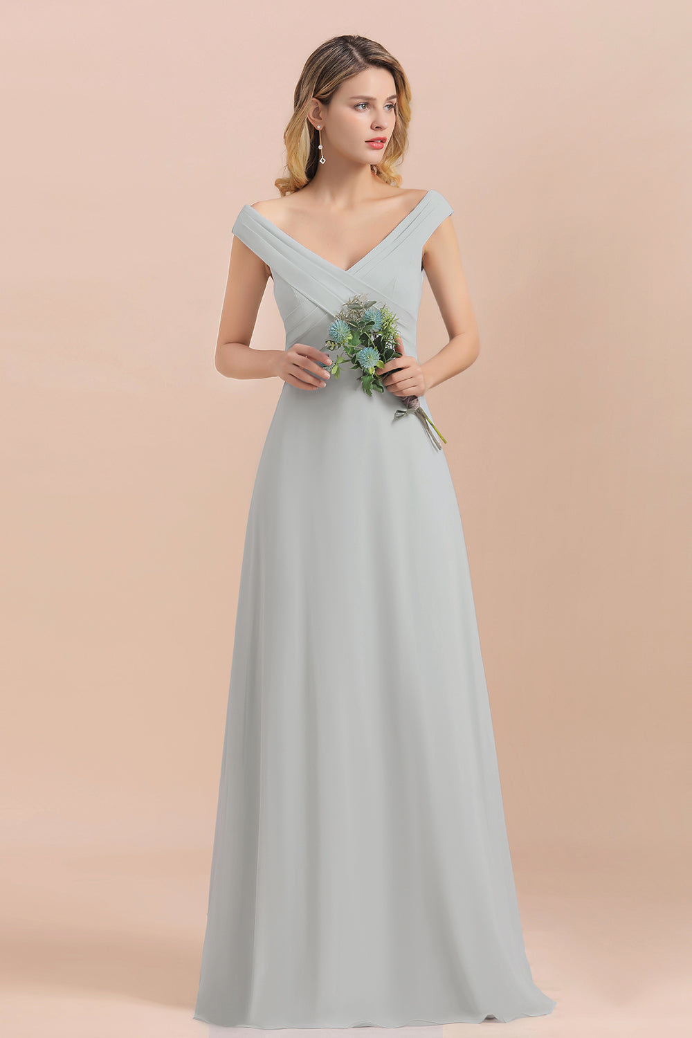 Off the Shoulder V-neck A-Line Bridesmaid Dress Floor Length Chiffon Evening Dress