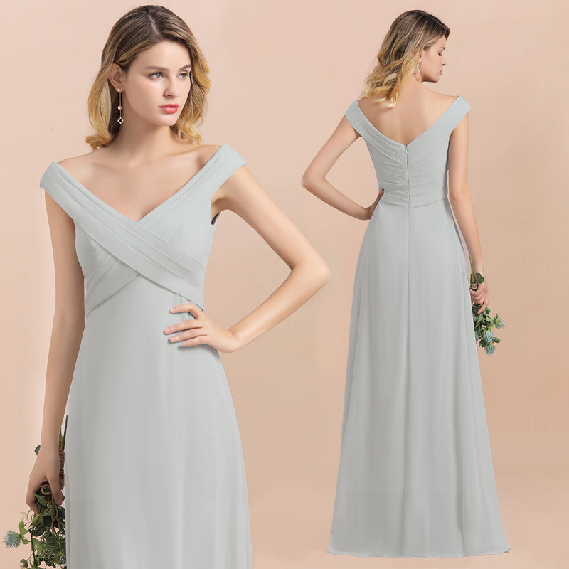 Off the Shoulder V-neck A-Line Bridesmaid Dress Floor Length Chiffon Evening Dress