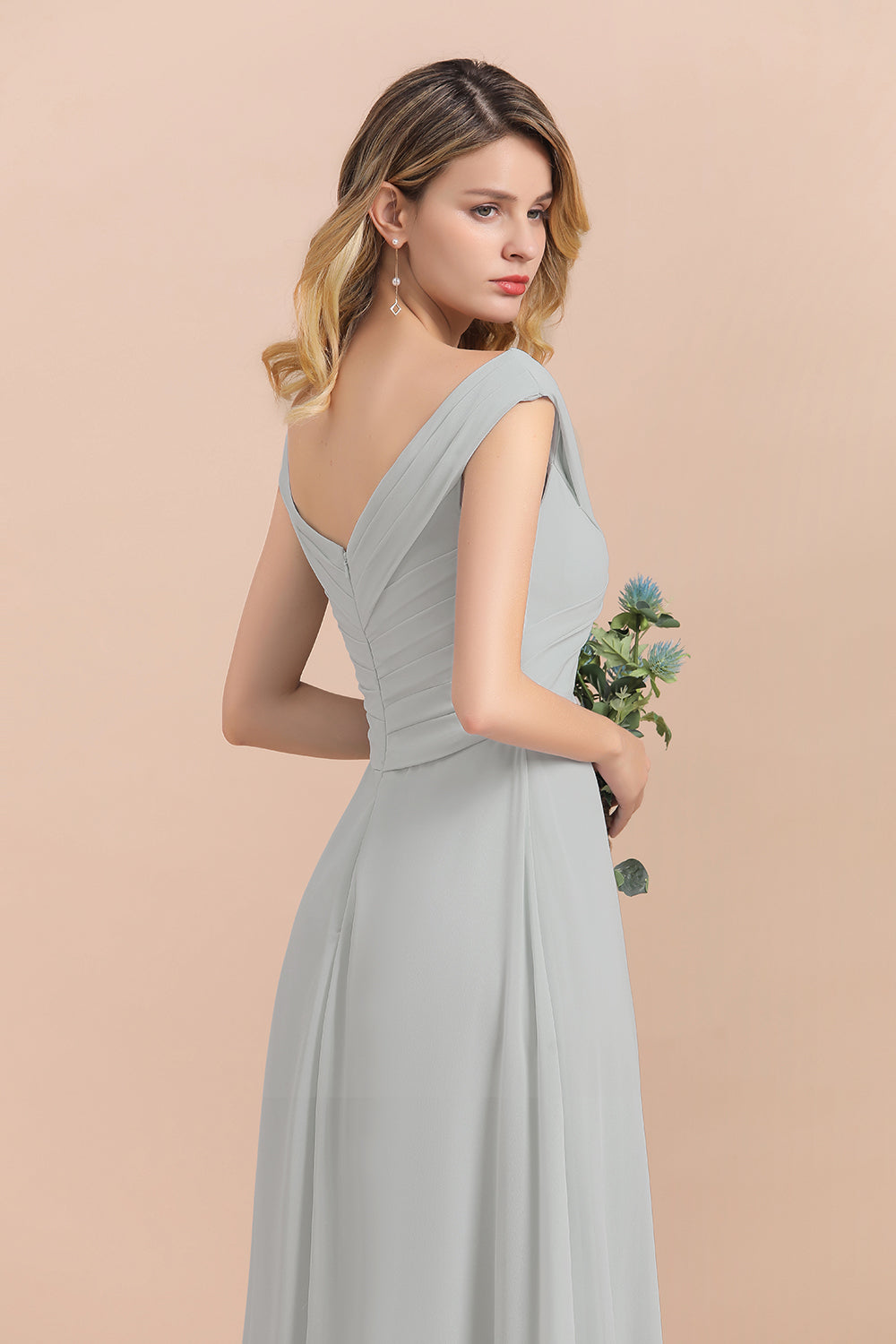 Off the Shoulder V-neck A-Line Bridesmaid Dress Floor Length Chiffon Evening Dress