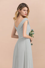 Off the Shoulder V-neck A-Line Bridesmaid Dress Floor Length Chiffon Evening Dress