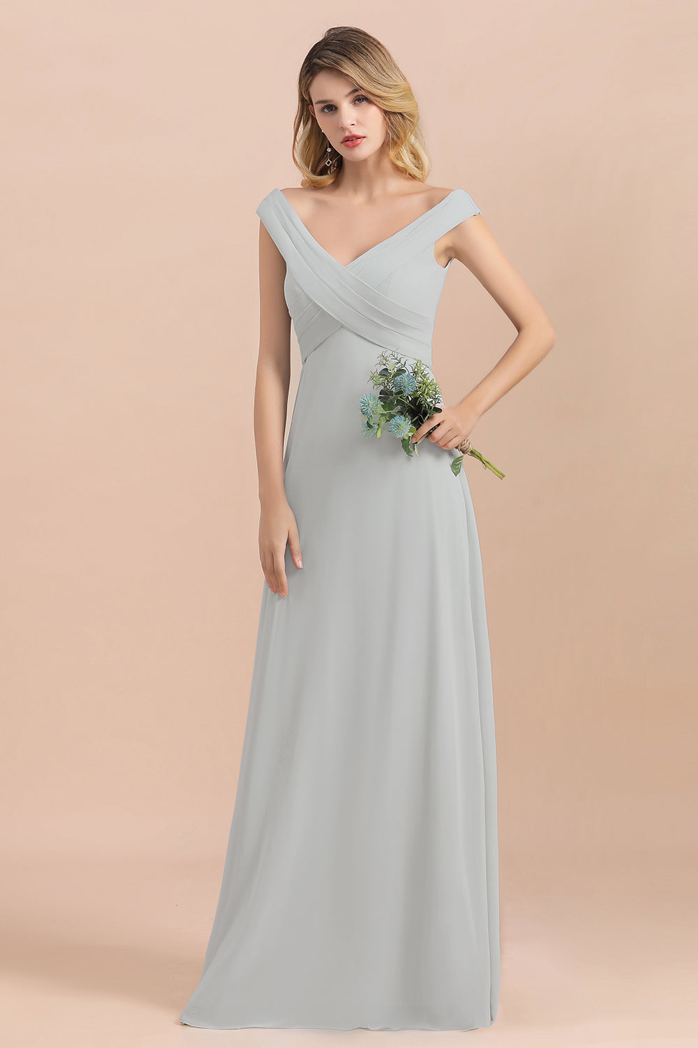 Off the Shoulder V-neck A-Line Bridesmaid Dress Floor Length Chiffon Evening Dress