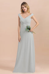 Off the Shoulder V-neck A-Line Bridesmaid Dress Floor Length Chiffon Evening Dress