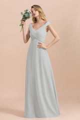 Off the Shoulder V-neck A-Line Bridesmaid Dress Floor Length Chiffon Evening Dress