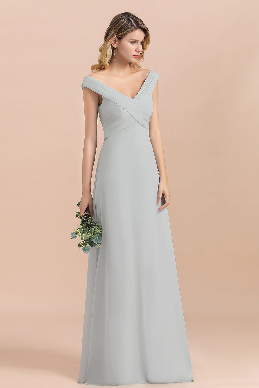 Off the Shoulder V-neck A-Line Bridesmaid Dress Floor Length Chiffon Evening Dress