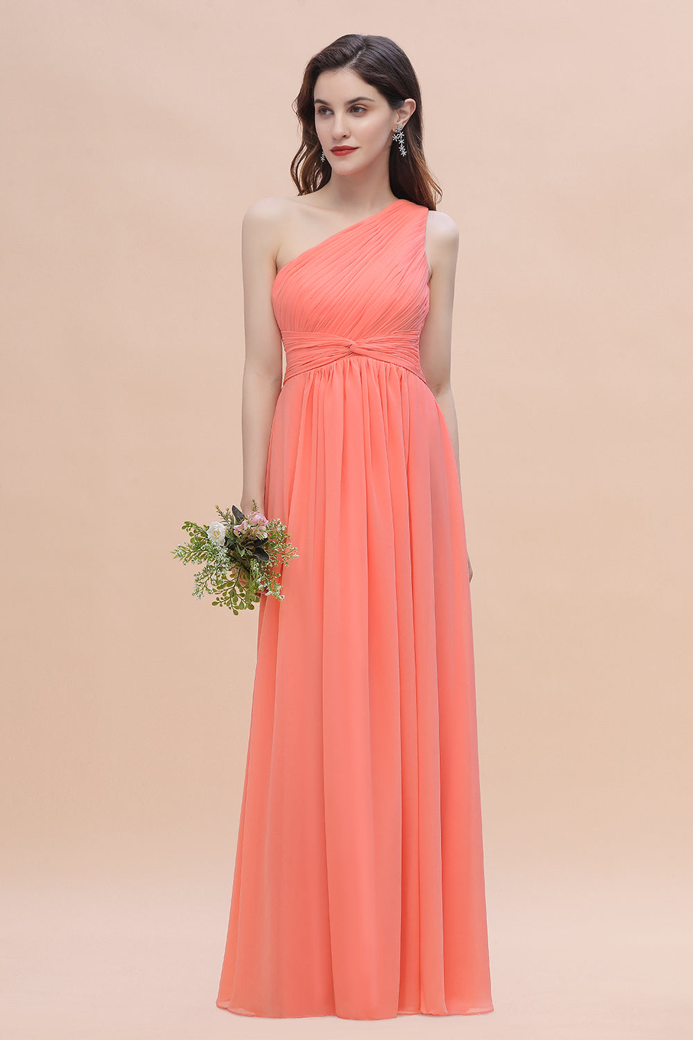 One Shoulder Chiffon Bridesmaid Dress A-Line Long Wedding Guest Dress