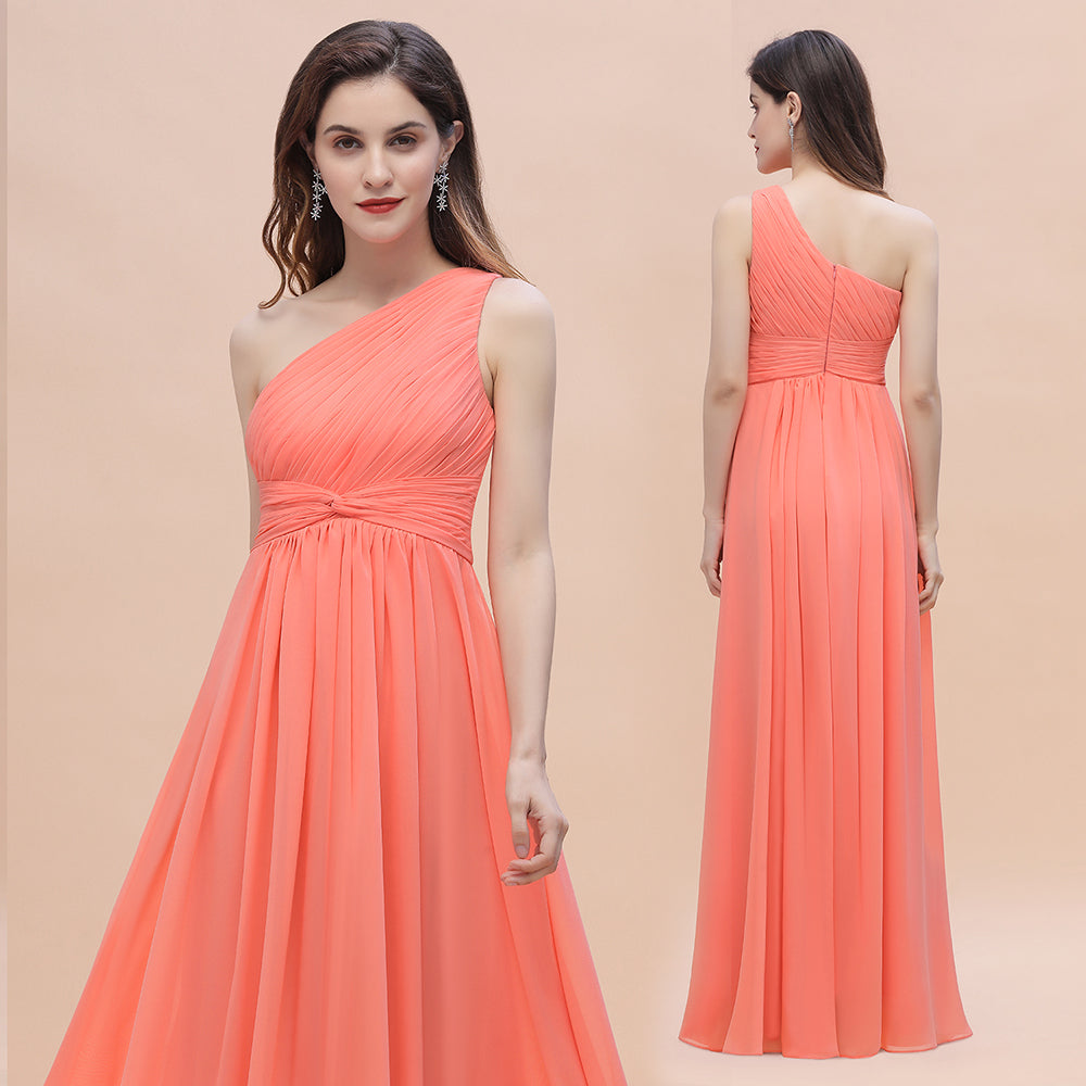 One Shoulder Chiffon Bridesmaid Dress A-Line Long Wedding Guest Dress