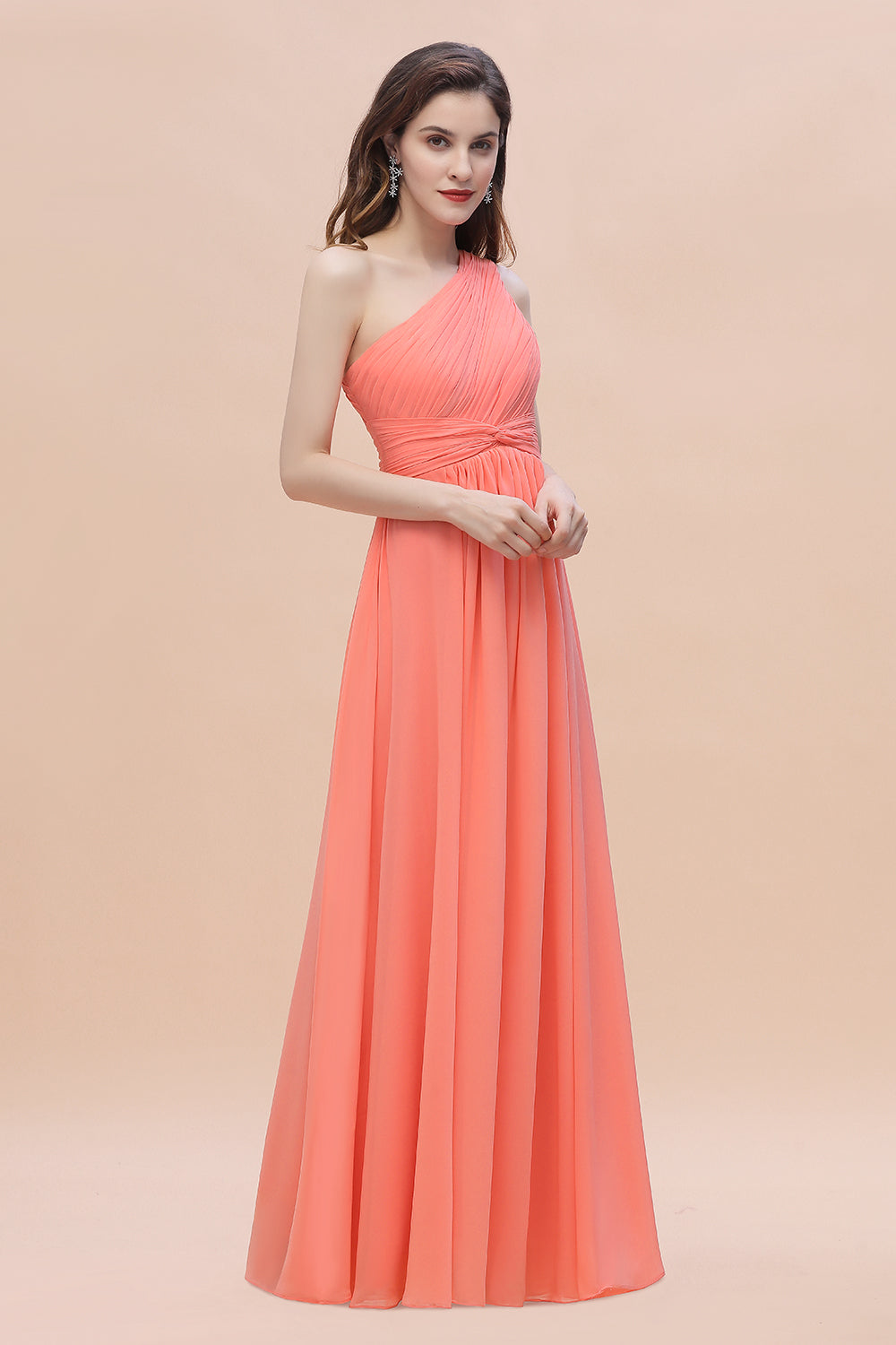 One Shoulder Chiffon Bridesmaid Dress A-Line Long Wedding Guest Dress