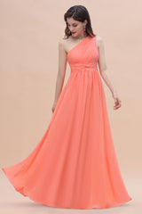 One Shoulder Chiffon Bridesmaid Dress A-Line Long Wedding Guest Dress