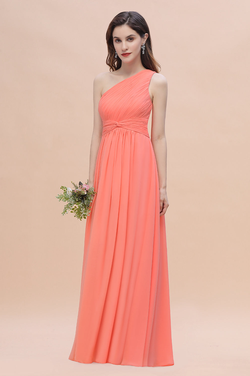 One Shoulder Chiffon Bridesmaid Dress A-Line Long Wedding Guest Dress
