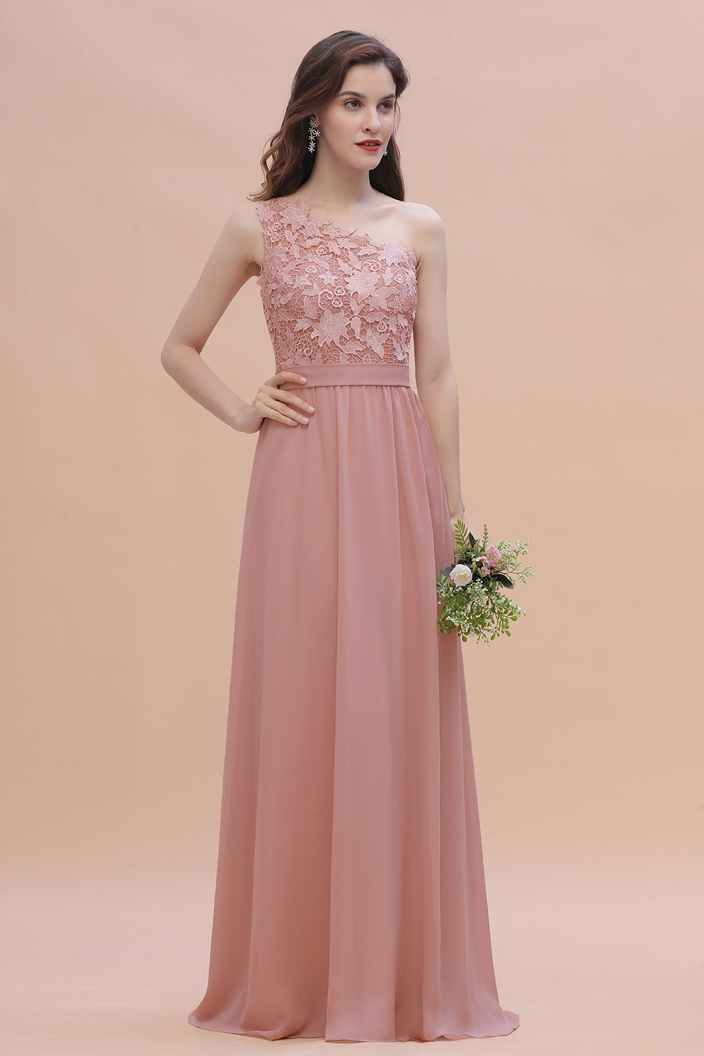 One Shoulder Floor Length A-Line Chiffon Bridesmaid Dress With Appliques Lace