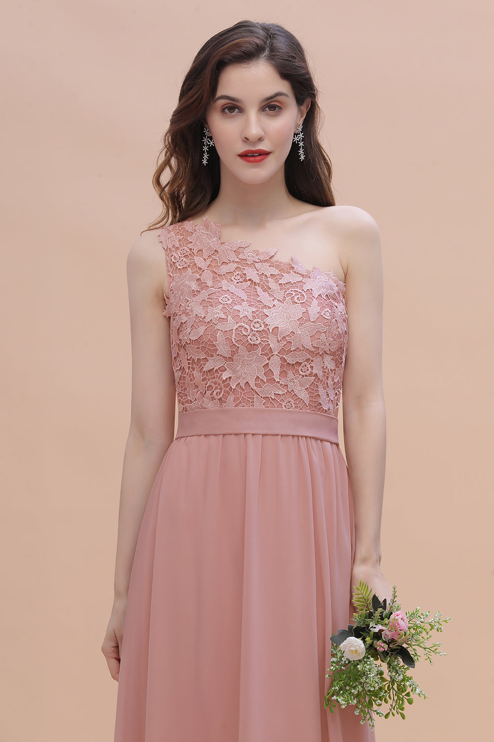 One Shoulder Floor Length A-Line Chiffon Bridesmaid Dress With Appliques Lace