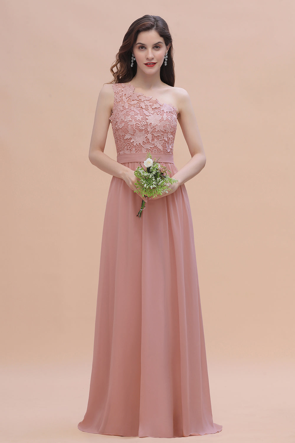 One Shoulder Floor Length A-Line Chiffon Bridesmaid Dress With Appliques Lace