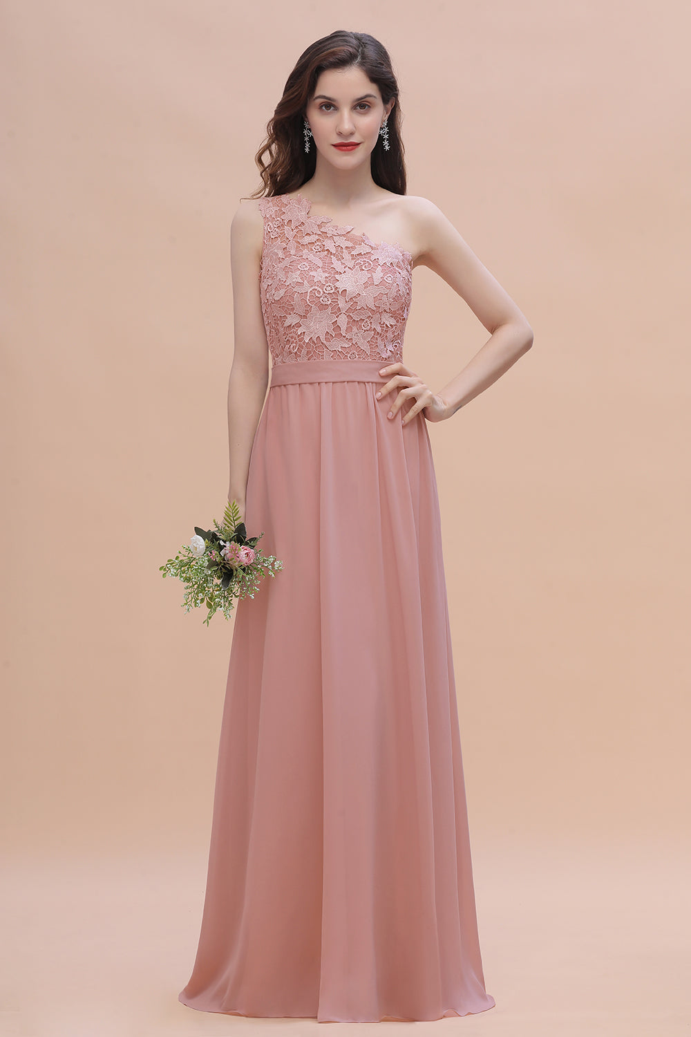 One Shoulder Floor Length A-Line Chiffon Bridesmaid Dress With Appliques Lace