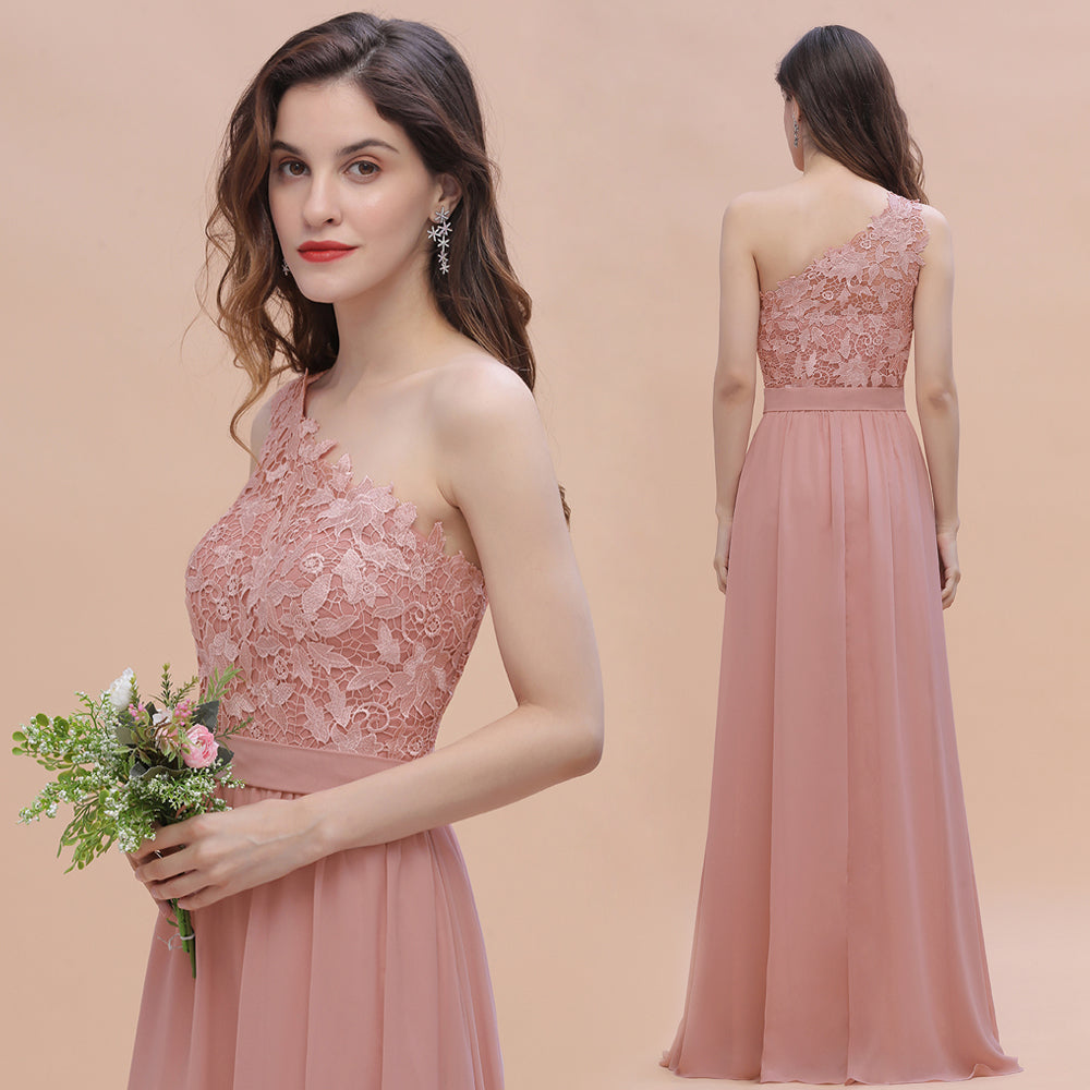 One Shoulder Floor Length A-Line Chiffon Bridesmaid Dress With Appliques Lace