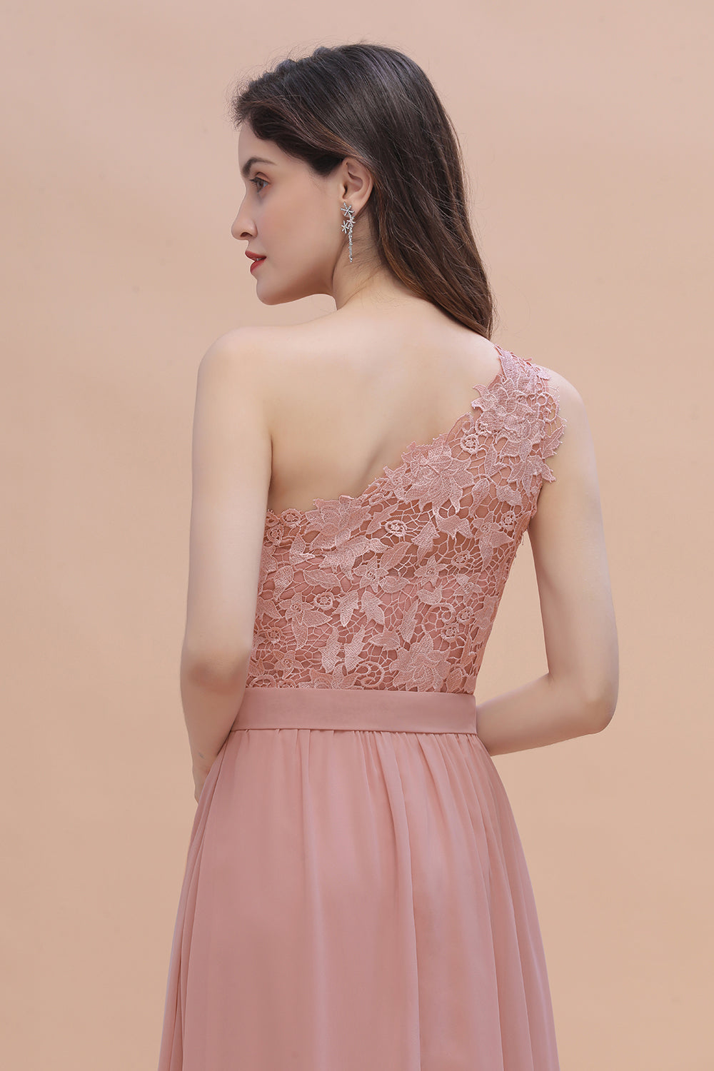 One Shoulder Floor Length A-Line Chiffon Bridesmaid Dress With Appliques Lace