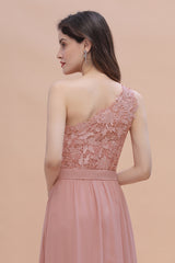 One Shoulder Floor Length A-Line Chiffon Bridesmaid Dress With Appliques Lace