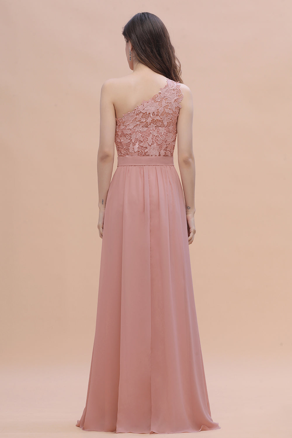 One Shoulder Floor Length A-Line Chiffon Bridesmaid Dress With Appliques Lace