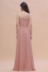 One Shoulder Floor Length A-Line Chiffon Bridesmaid Dress With Appliques Lace