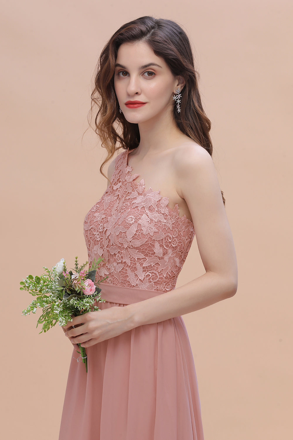 One Shoulder Floor Length A-Line Chiffon Bridesmaid Dress With Appliques Lace