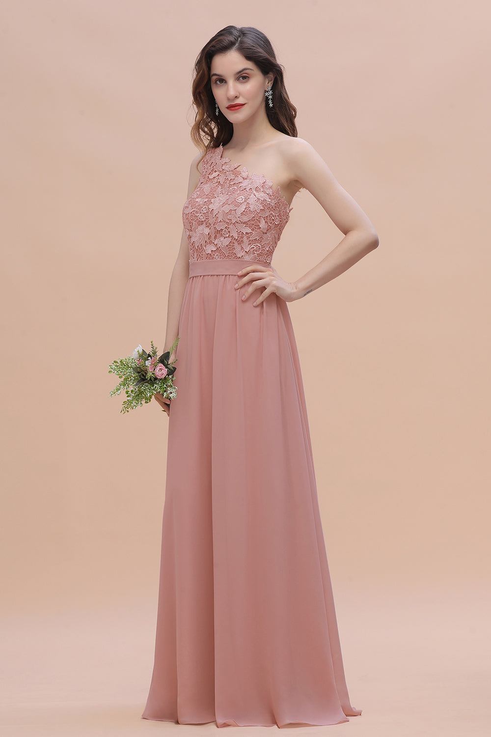 One Shoulder Floor Length A-Line Chiffon Bridesmaid Dress With Appliques Lace