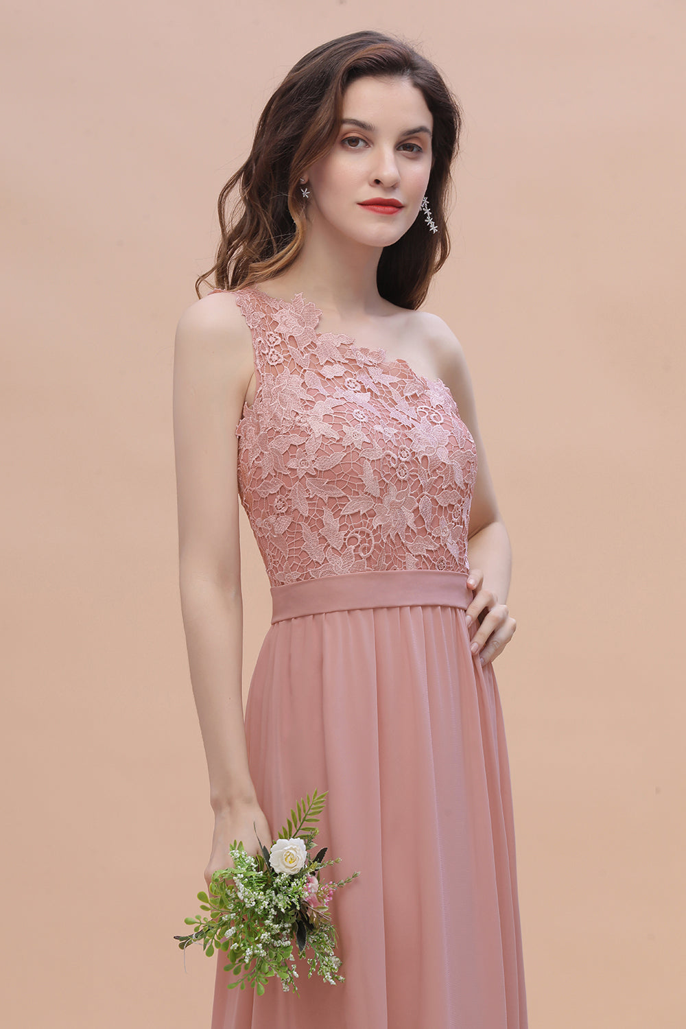 One Shoulder Floor Length A-Line Chiffon Bridesmaid Dress With Appliques Lace