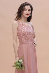 One Shoulder Floor Length A-Line Chiffon Bridesmaid Dress With Appliques Lace