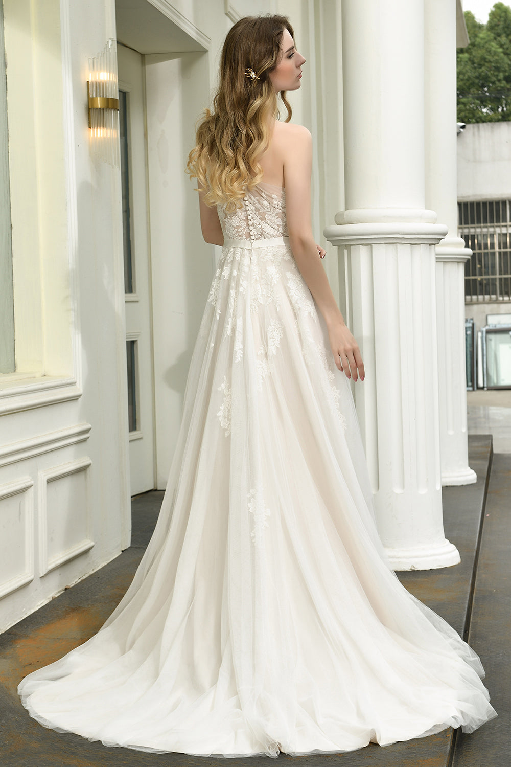 Elegant Long A-line One Shoulder Lace Tulle Backless Wedding Dresses