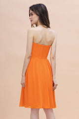 Orange Sequins A-Line Strapless Knee-length Chiffon Bridesmaid Dress